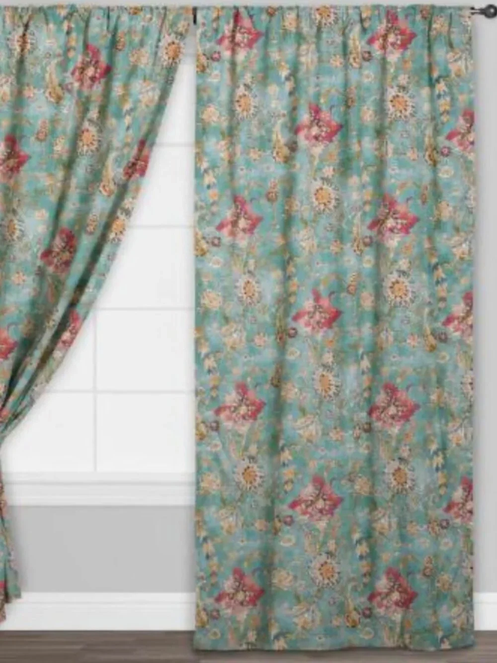 Genevieve Aqua Floral Cotton Sleeve Top Curtains Set Of 2 panels 48 x 96